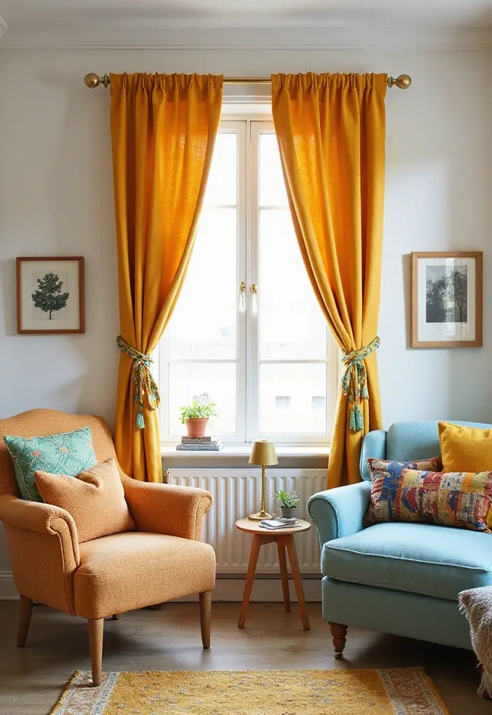 28 Aesthetic Curtains Living Room Ideas That Feel Modern and Chic - 11. Colorful Tie-Backs