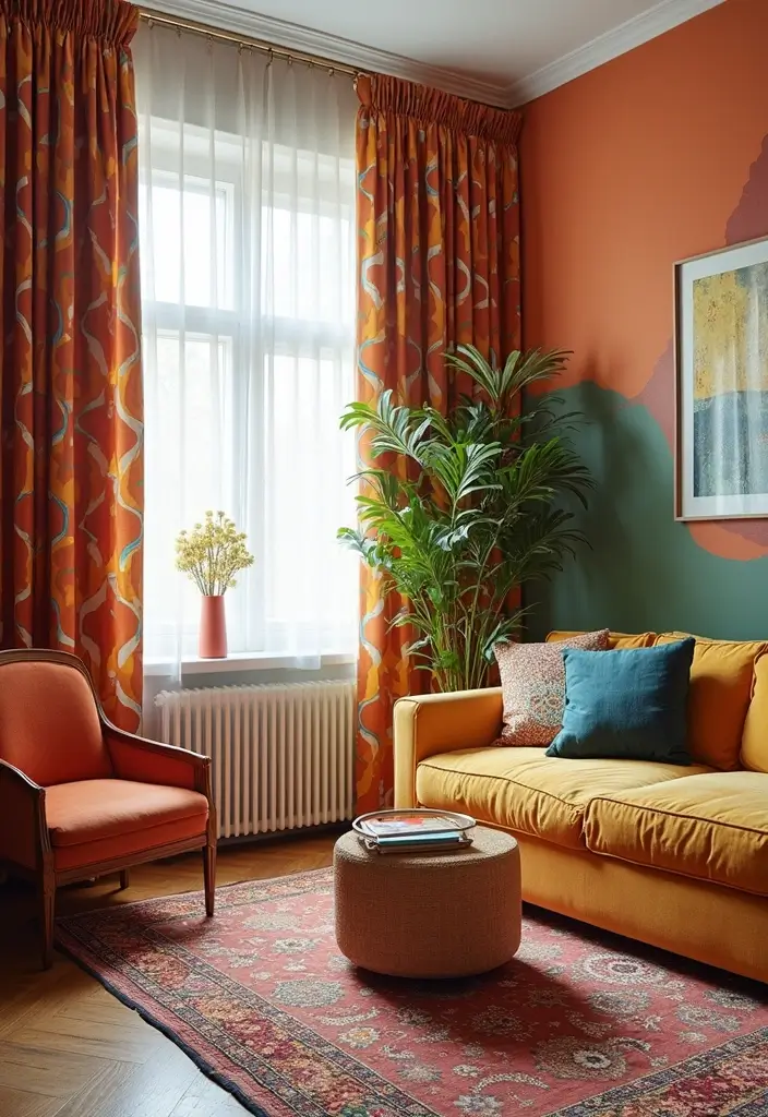 28 Aesthetic Curtains Living Room Ideas That Feel Modern and Chic - 12. Pattern Play