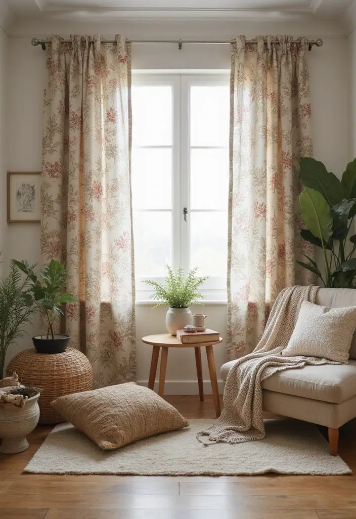 28 Aesthetic Curtains Living Room Ideas That Feel Modern and Chic - 23. Nature-Inspired Prints