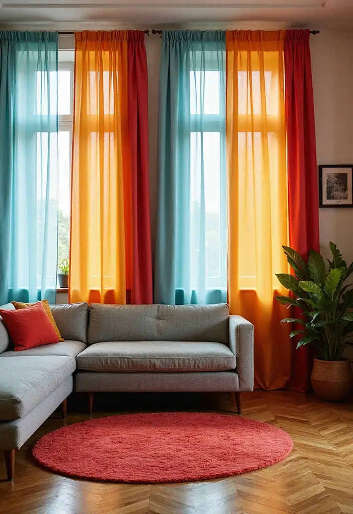 28 Aesthetic Curtains Living Room Ideas That Feel Modern and Chic - 24. Color Blocking
