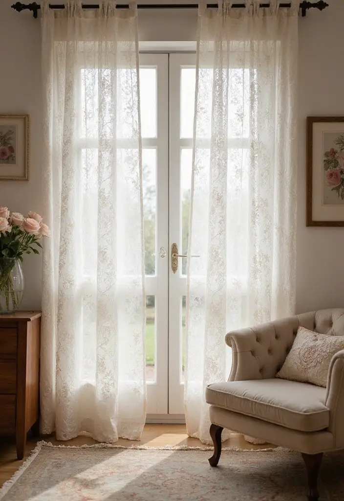 28 Aesthetic Curtains Living Room Ideas That Feel Modern and Chic - 25. Vintage Lace