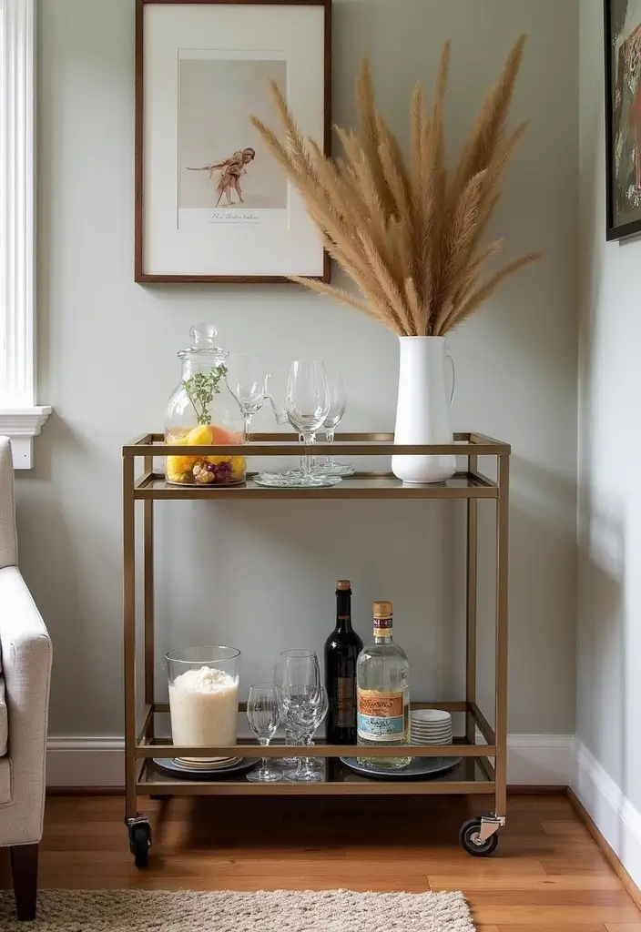 28 Basement Living Room Ideas That Feel Bright and Functional - 19. Stylish Bar Cart or Beverage Station