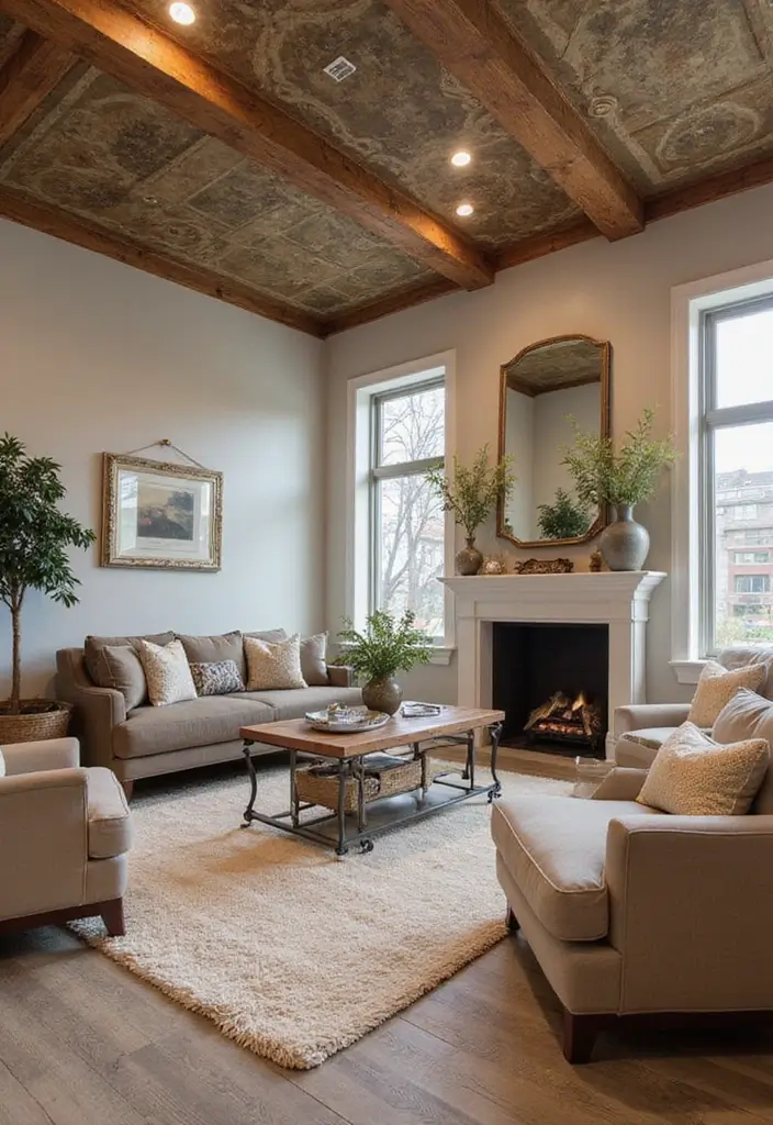 28 Basement Living Room Ideas That Feel Bright and Functional - 22. Unique Ceiling Treatments