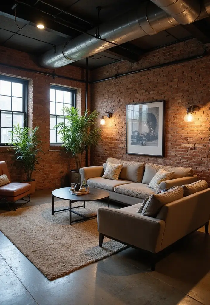28 Basement Living Room Ideas That Feel Bright and Functional - 25. Industrial Style