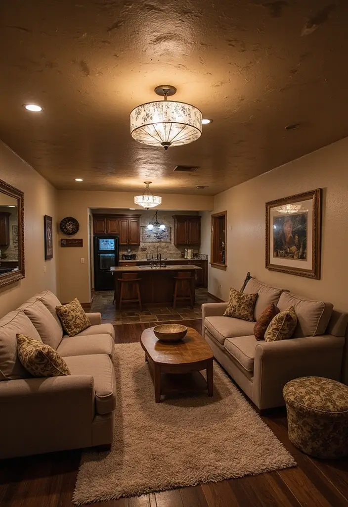 28 Basement Living Room Ideas That Feel Bright and Functional - 26. Fun Ceiling Lights