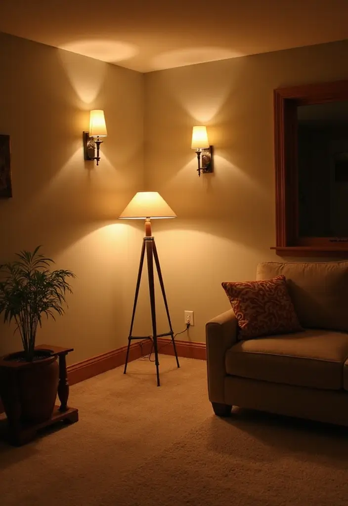 28 Basement Living Room Ideas That Feel Bright and Functional - 3. Layered Lighting Ideas
