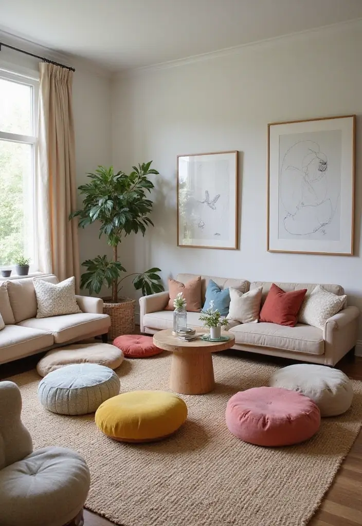 28 Family Living Room Ideas That Feel Warm and Functional - 14. Playful Seating Arrangements