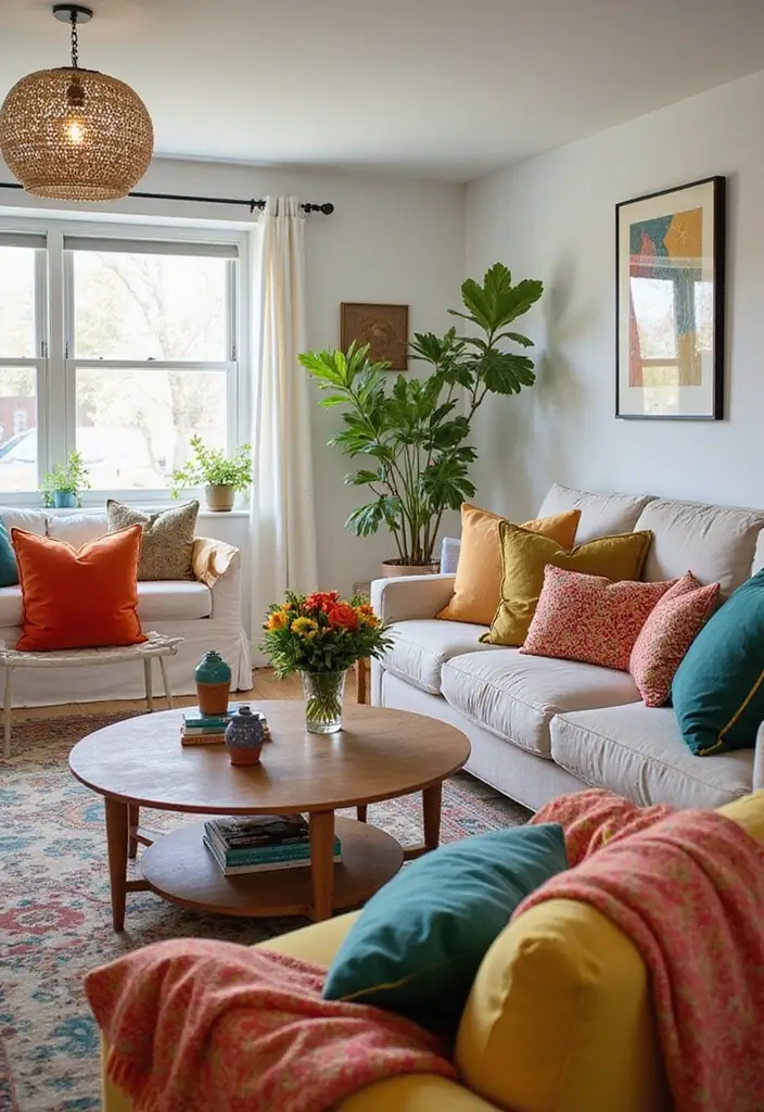 28 Family Living Room Ideas That Feel Warm and Functional - 28. Inviting Colorful Accents