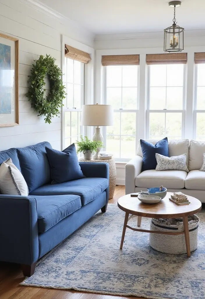 28 Florida Living Room Ideas That Feel Breezy and Coastal - 1. Nautical Blues and Whites