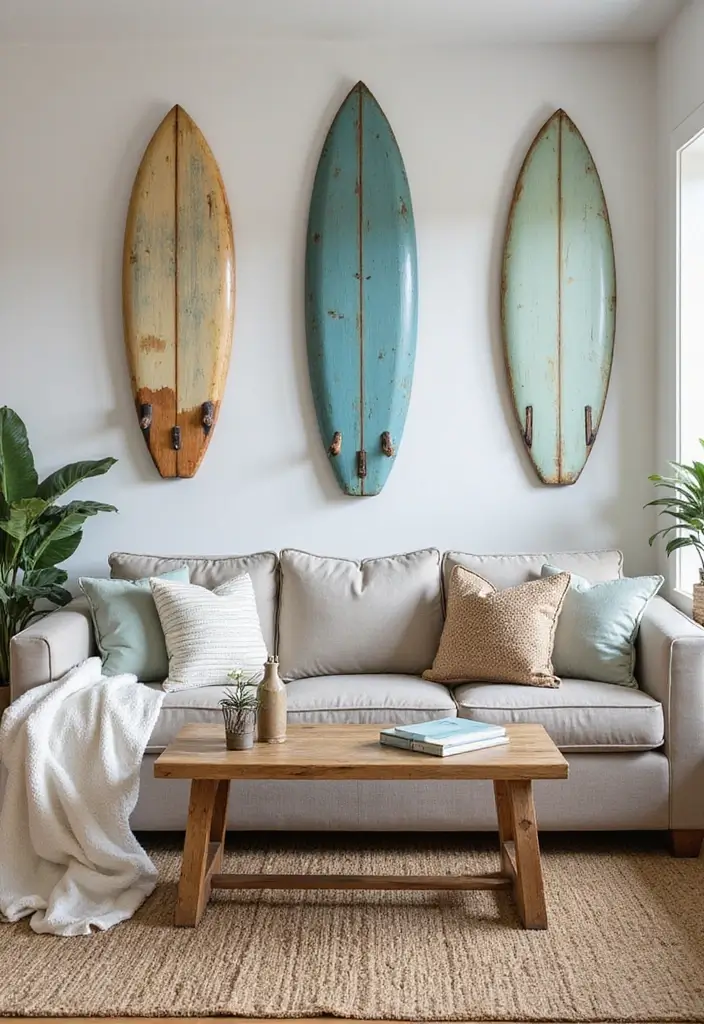 28 Florida Living Room Ideas That Feel Breezy and Coastal - 20. Beachy Wall Decor