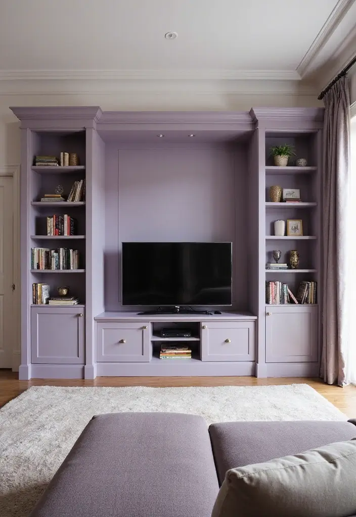 28 Lilac Living Room Ideas That Feel Soft and Elegant - 10. Lilac Built-Ins