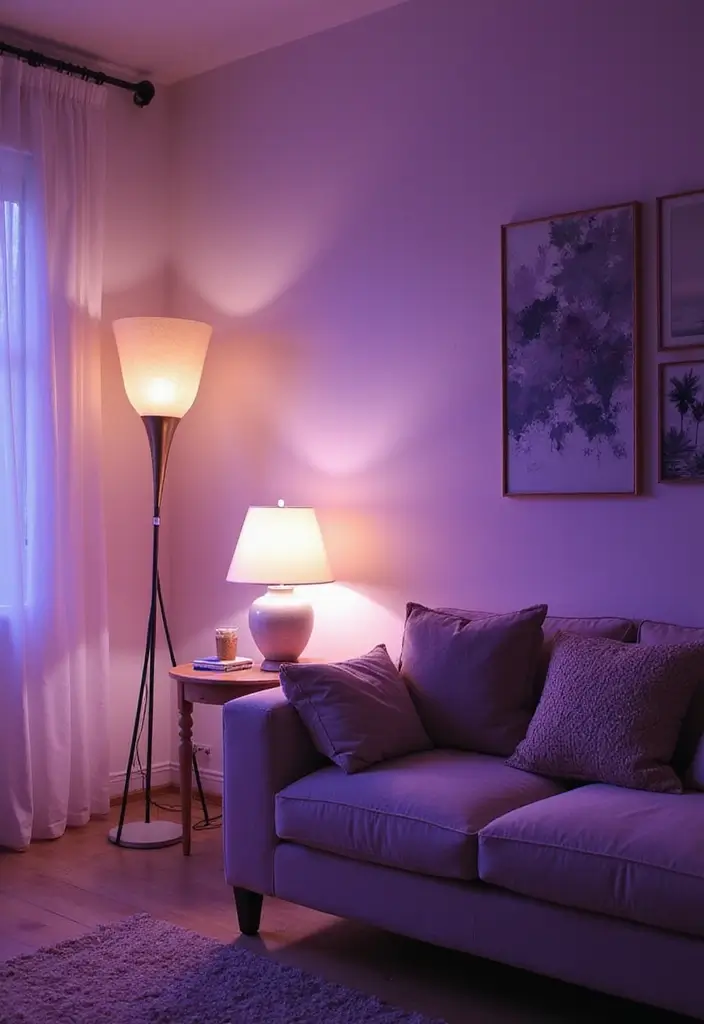28 Lilac Living Room Ideas That Feel Soft and Elegant - 11. Layered Lighting Techniques