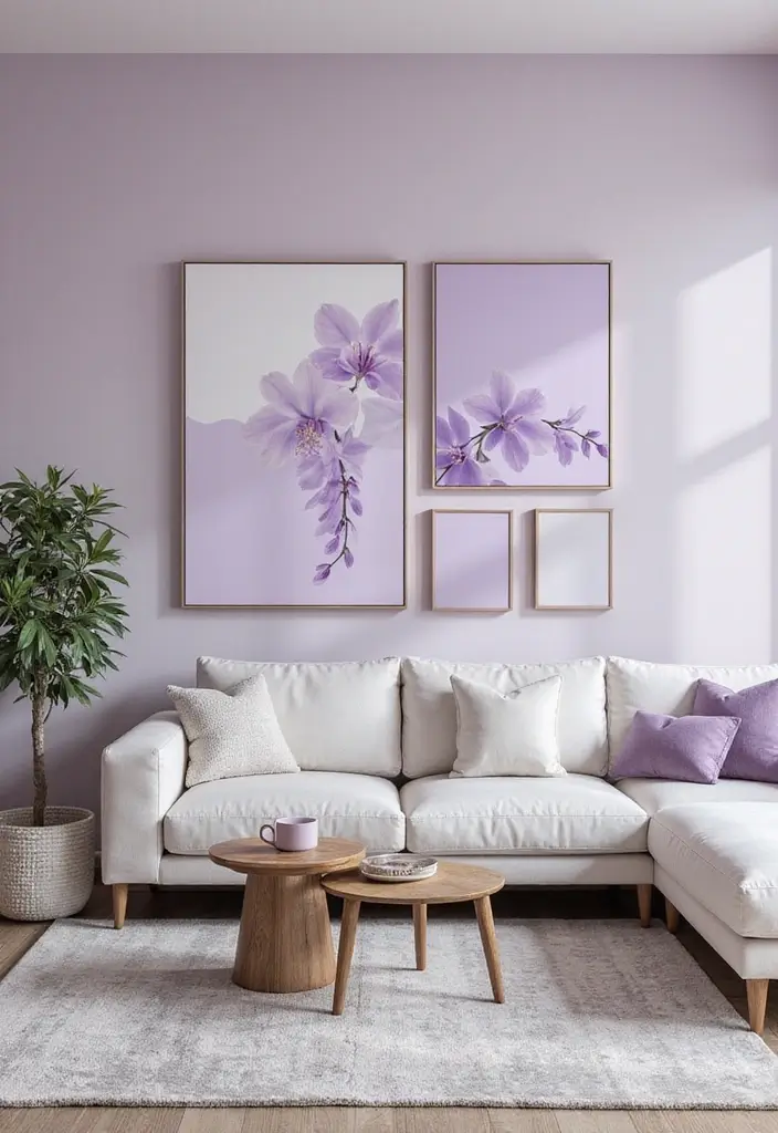 28 Lilac Living Room Ideas That Feel Soft and Elegant - 12. Soft Lilac Wall Art
