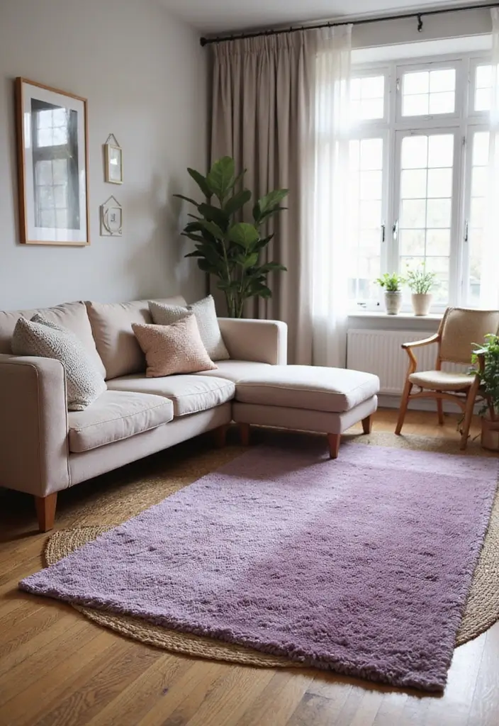 28 Lilac Living Room Ideas That Feel Soft and Elegant - 13. Cozy Lilac Rugs