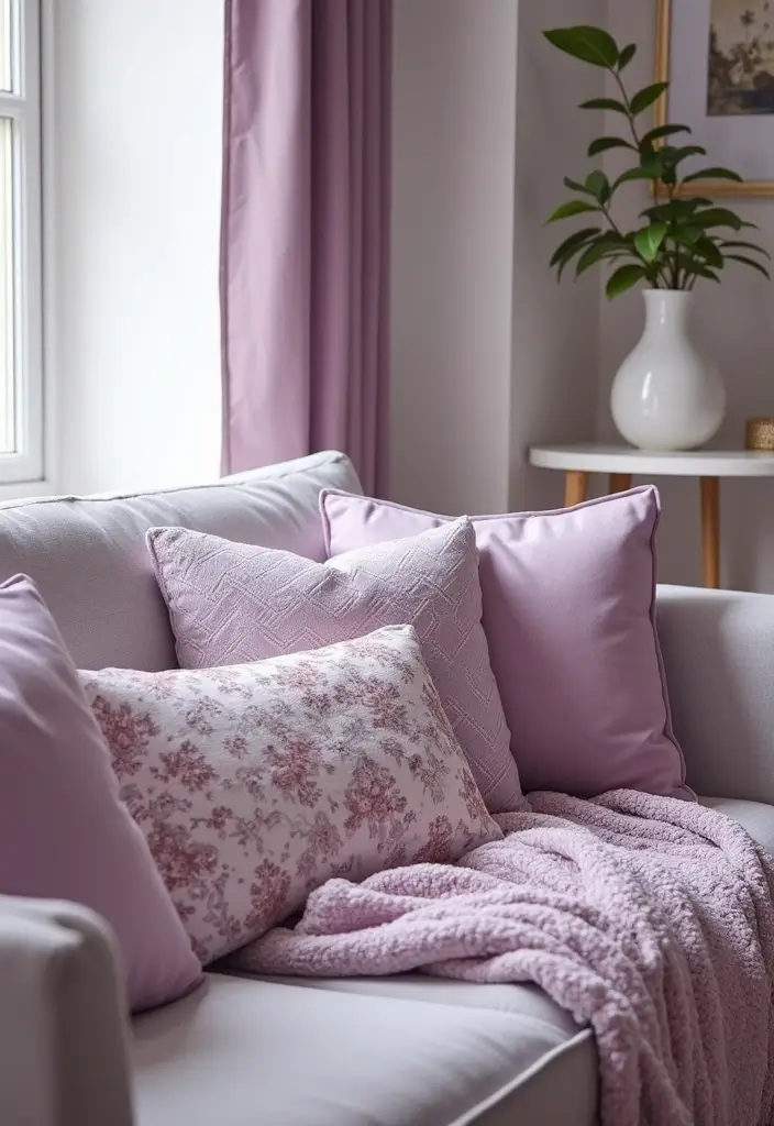 28 Lilac Living Room Ideas That Feel Soft and Elegant - 15. Lilac Cushion and Fabric Combinations
