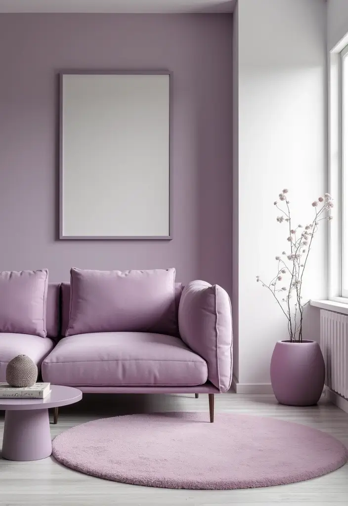 28 Lilac Living Room Ideas That Feel Soft and Elegant - 16. Modern Minimalist Lilac