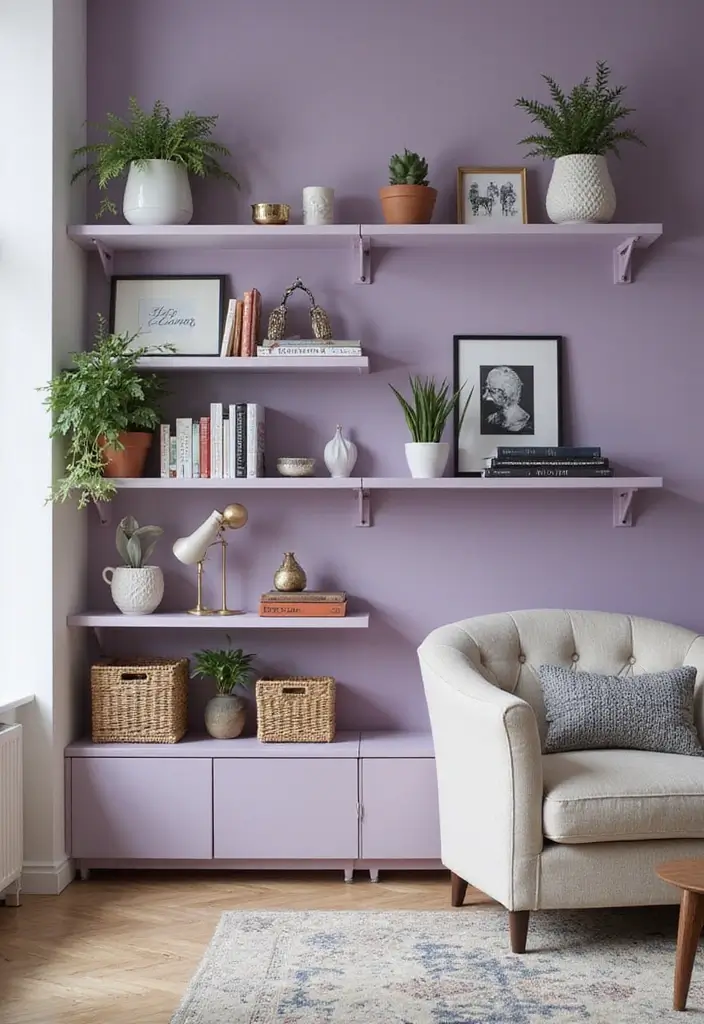 28 Lilac Living Room Ideas That Feel Soft and Elegant - 18. Stylish Wall Shelving