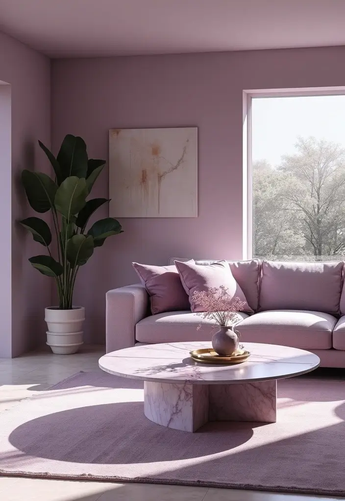 28 Lilac Living Room Ideas That Feel Soft and Elegant - 19. Polished Stone Accents