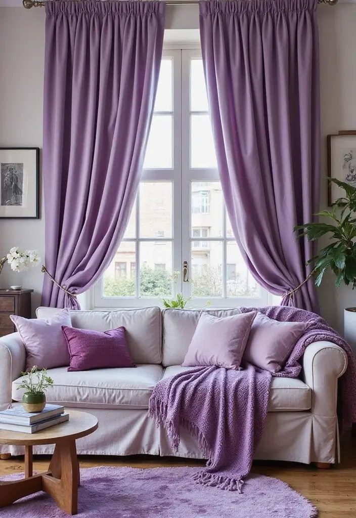28 Lilac Living Room Ideas That Feel Soft and Elegant - 2. Lavish Lilac Textiles