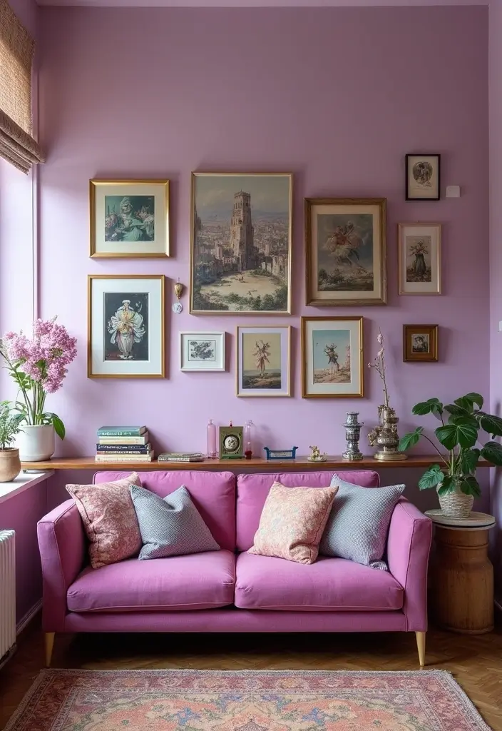 28 Lilac Living Room Ideas That Feel Soft and Elegant - 20. Eclectic Decor Mix