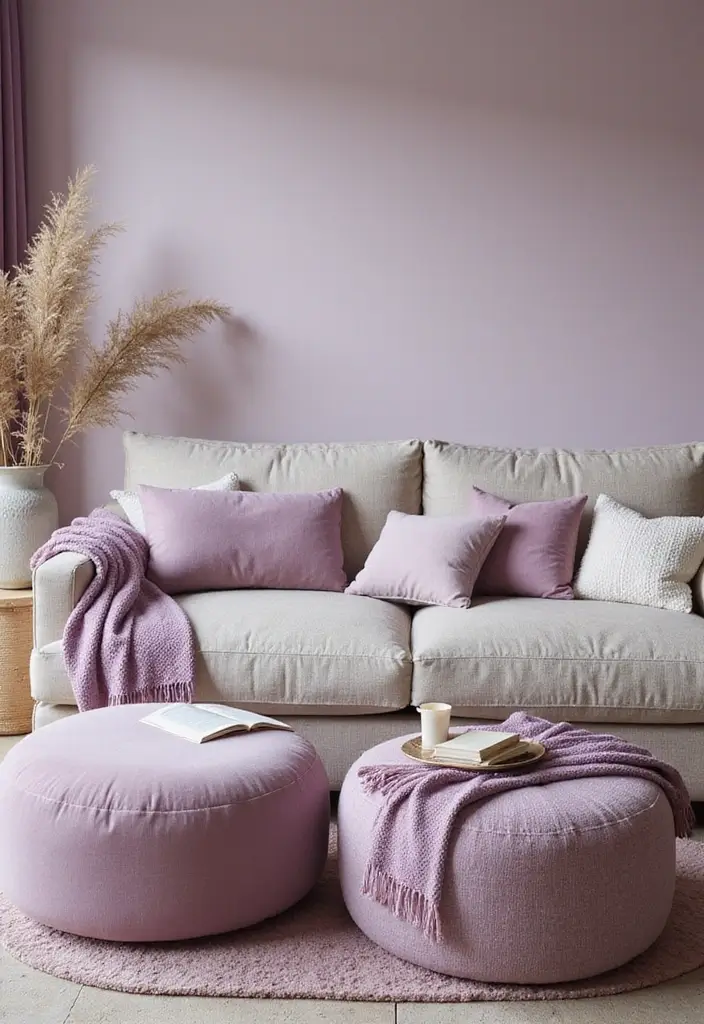 28 Lilac Living Room Ideas That Feel Soft and Elegant - 21. Layered Soft Furnishings