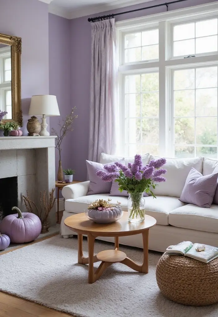 28 Lilac Living Room Ideas That Feel Soft and Elegant - 23. Seasonal Lilac Decor
