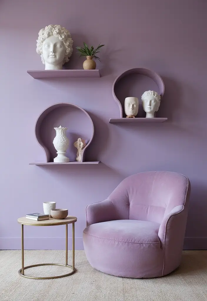 28 Lilac Living Room Ideas That Feel Soft and Elegant - 24. Artistic Displays