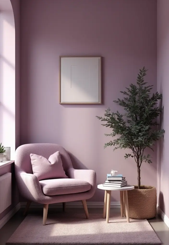 28 Lilac Living Room Ideas That Feel Soft and Elegant - 28. Cozy Lilac Reading Nook