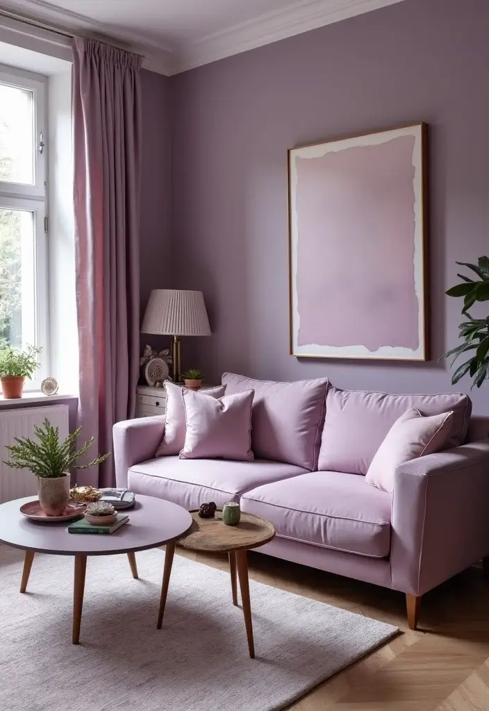 28 Lilac Living Room Ideas That Feel Soft and Elegant - 3. Monochromatic Magic