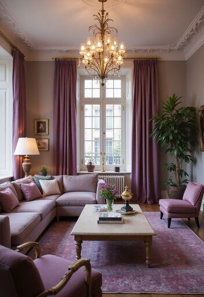 28 Lilac Living Room Ideas That Feel Soft and Elegant - 5. Statement Lighting Fixtures