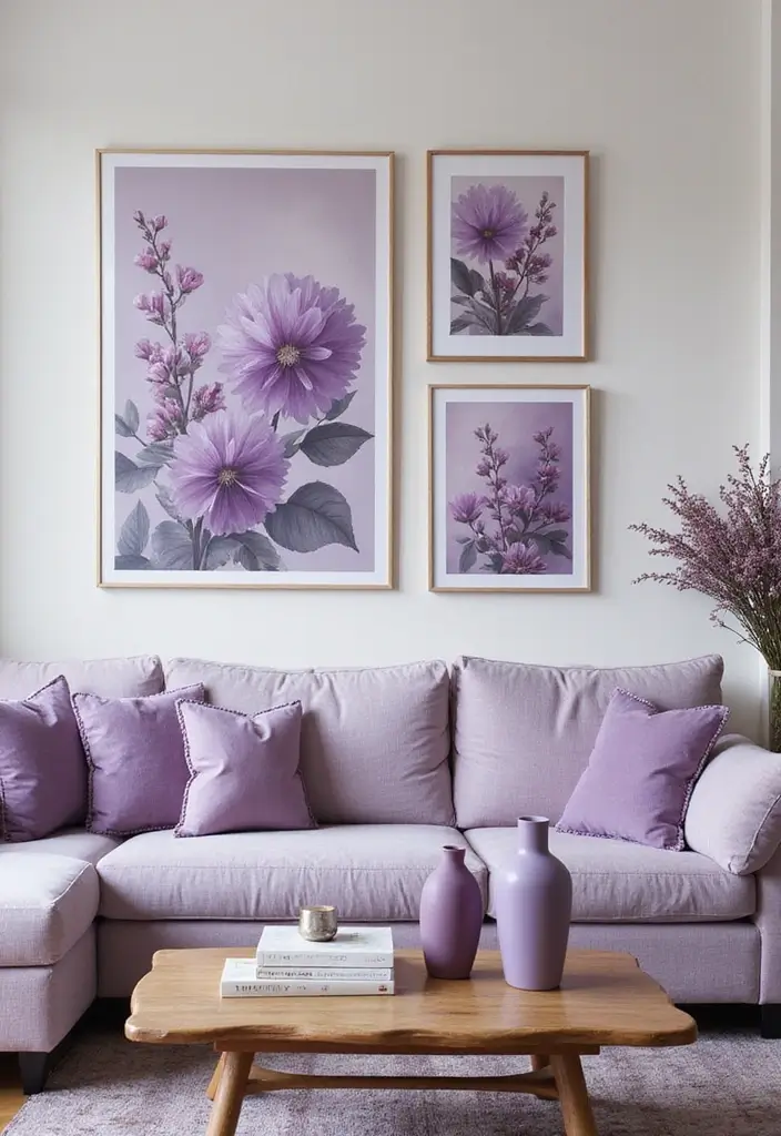 28 Lilac Living Room Ideas That Feel Soft and Elegant - 6. Lilac Art and Decor