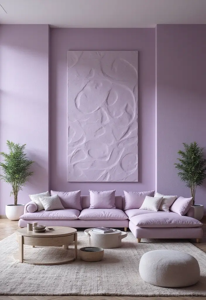 28 Lilac Living Room Ideas That Feel Soft and Elegant - 8. Textured Wall Treatments