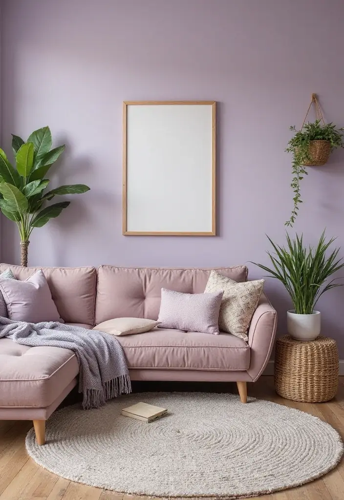 28 Lilac Living Room Ideas That Feel Soft and Elegant - 9. Lilac and Natural Elements