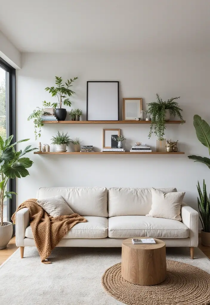 28 Living Room Plans with Dimensions Ideas That Help Maximize Layout - 17. Floating Shelves (14' x 11')