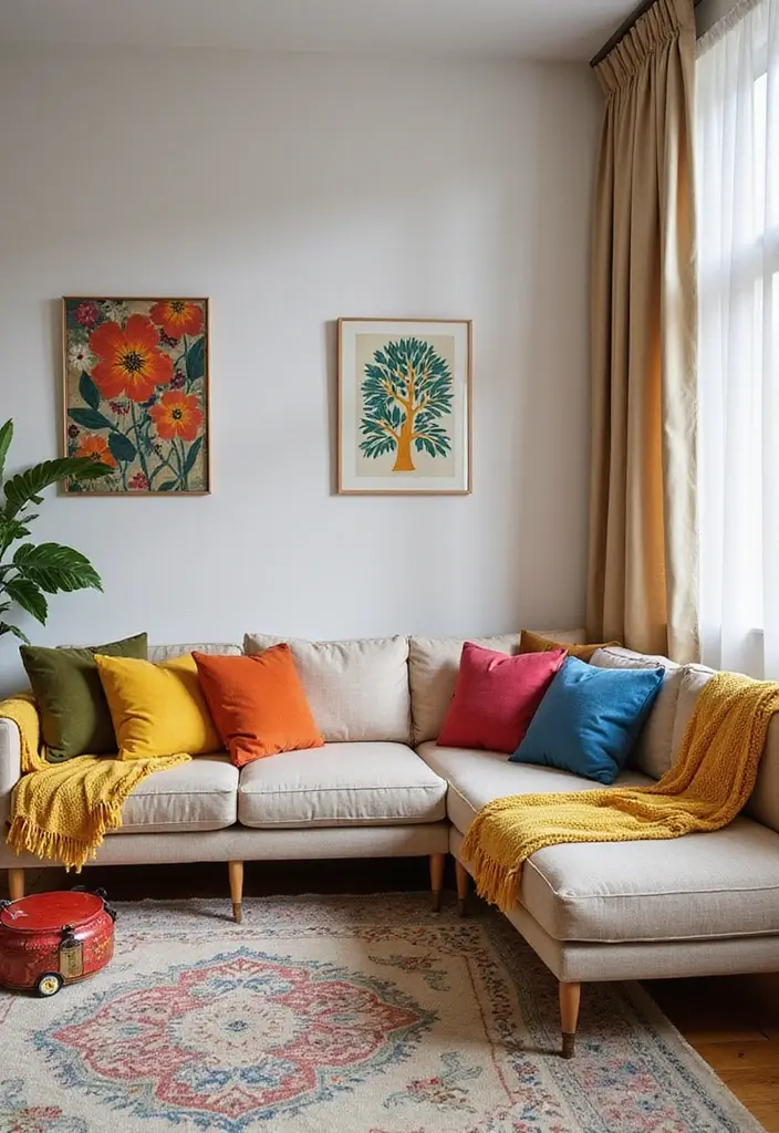 28 Living Room Plans with Dimensions Ideas That Help Maximize Layout - 21. Playful Color Accents (12' x 10')