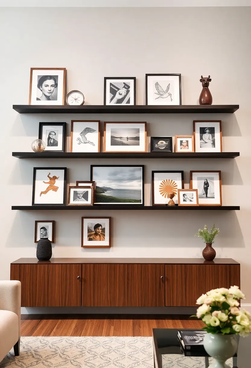 28 Living Room Shelves Decor Ideas That Add Personality and Function - 13. Wall-mounted Art Display