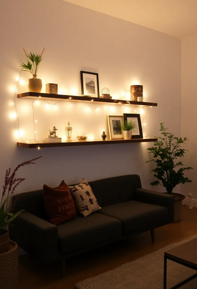 28 Living Room Shelves Decor Ideas That Add Personality and Function - 16. Brighten Up with Lighting