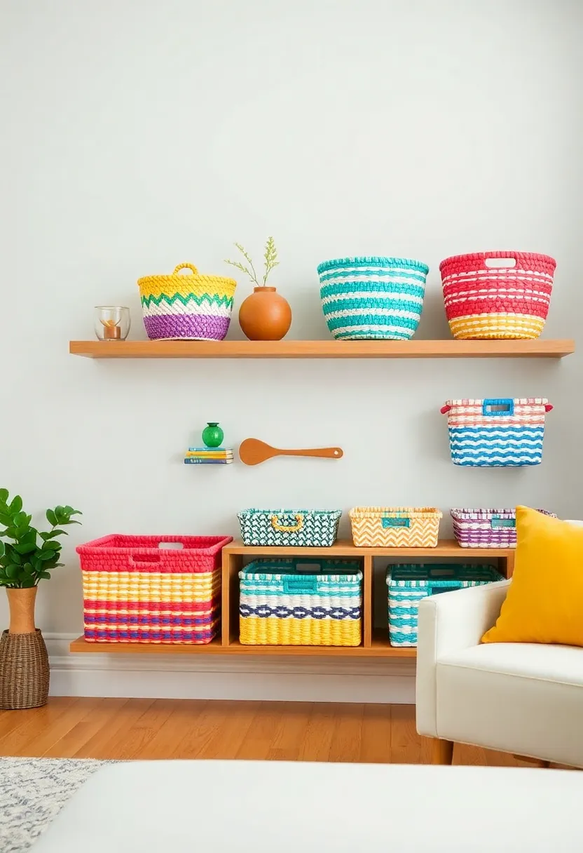 28 Living Room Shelves Decor Ideas That Add Personality and Function - 17. Use Colorful Baskets