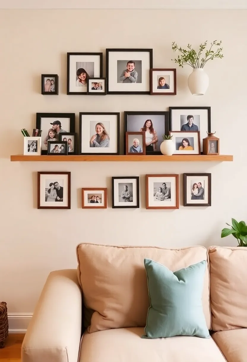 28 Living Room Shelves Decor Ideas That Add Personality and Function - 19. Create a Family Photo Wall