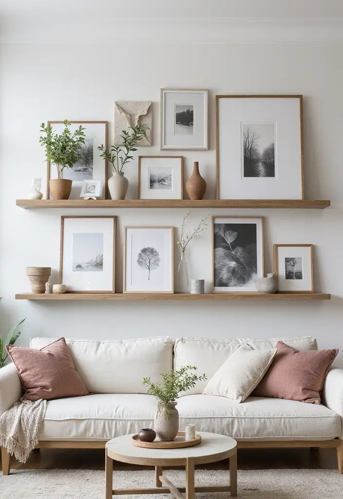 28 Living Room Shelves Decor Ideas That Add Personality and Function - 2. Artistic Gallery Wall