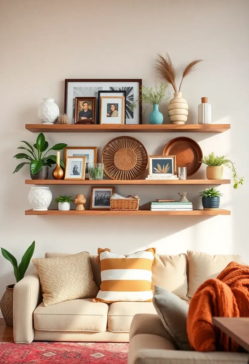 28 Living Room Shelves Decor Ideas That Add Personality and Function - 20. Blend Styles for Eclectic Vibes