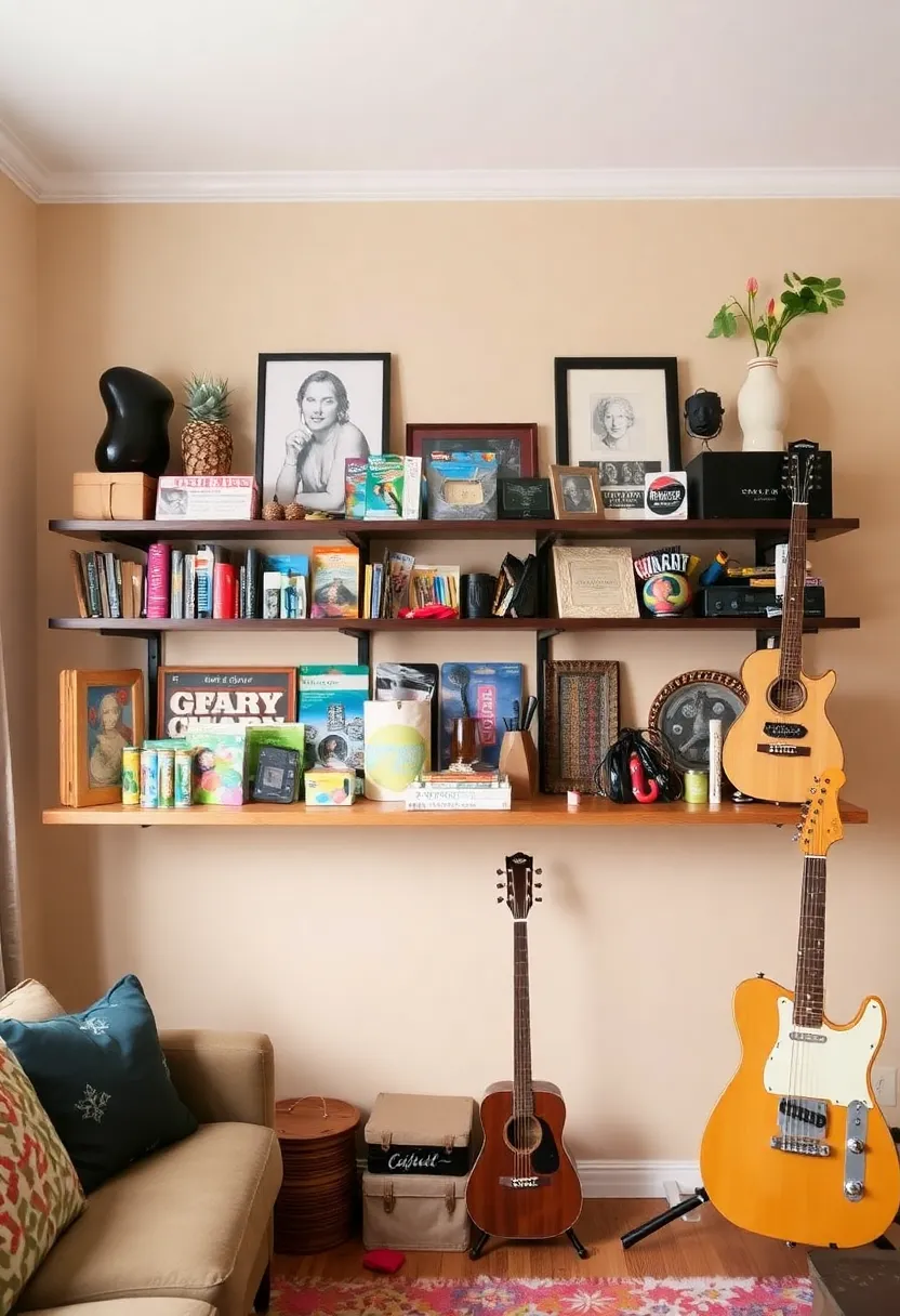 28 Living Room Shelves Decor Ideas That Add Personality and Function - 21. Showcase Your Hobbies