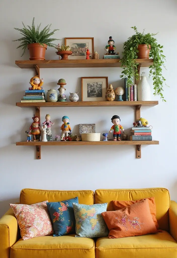28 Living Room Shelves Decor Ideas That Add Personality and Function - 8. Quirky Collections Showcase