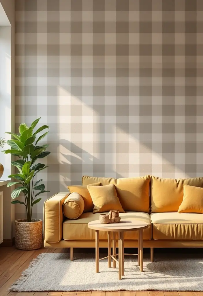 28 Living Room Wallpaper Ideas Modern Looks That Transform Walls - 16. Chic Classics: Checked Patterns