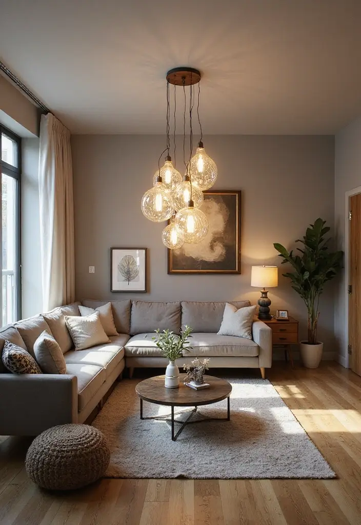 28 Living Room With Lots of Windows Ideas That Feel Airy and Open - 15. Artistic Light Fixtures