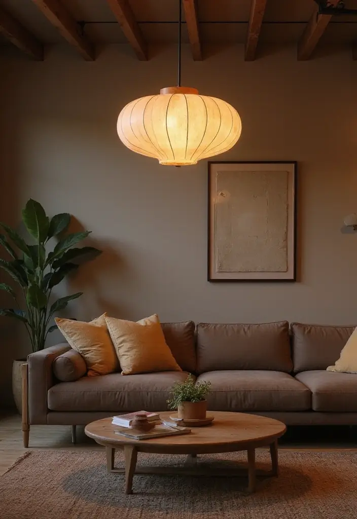 28 Neutral Living Room Decor Earth Tones That Feel Calm and Balanced - 13. Statement Lighting Fixtures