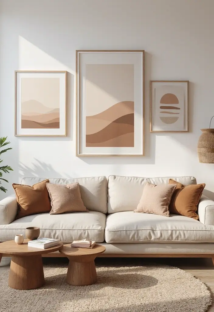 28 Neutral Living Room Decor Earth Tones That Feel Calm and Balanced - 20. Soft Artwork