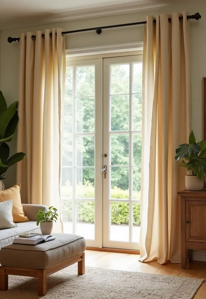 28 Sliding Door Curtains Living Room Ideas That Save Space Beautifully - 11. Outdoor-Inspired Fabrics