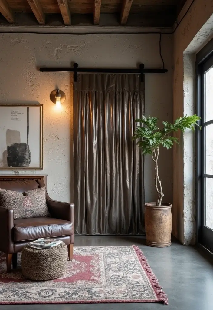 28 Sliding Door Curtains Living Room Ideas That Save Space Beautifully - 12. Industrial Chic