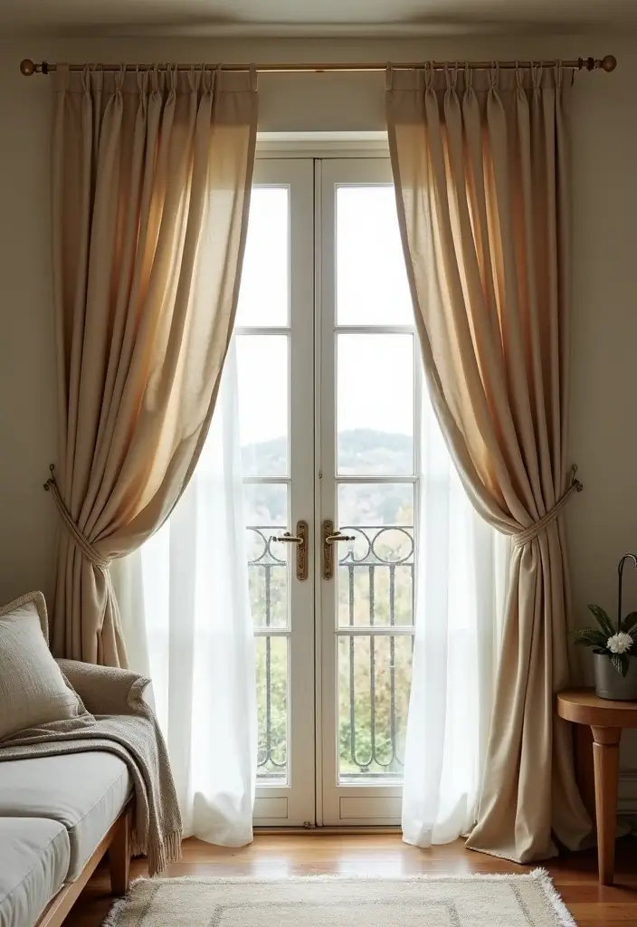 28 Sliding Door Curtains Living Room Ideas That Save Space Beautifully - 13. Drape and Tie